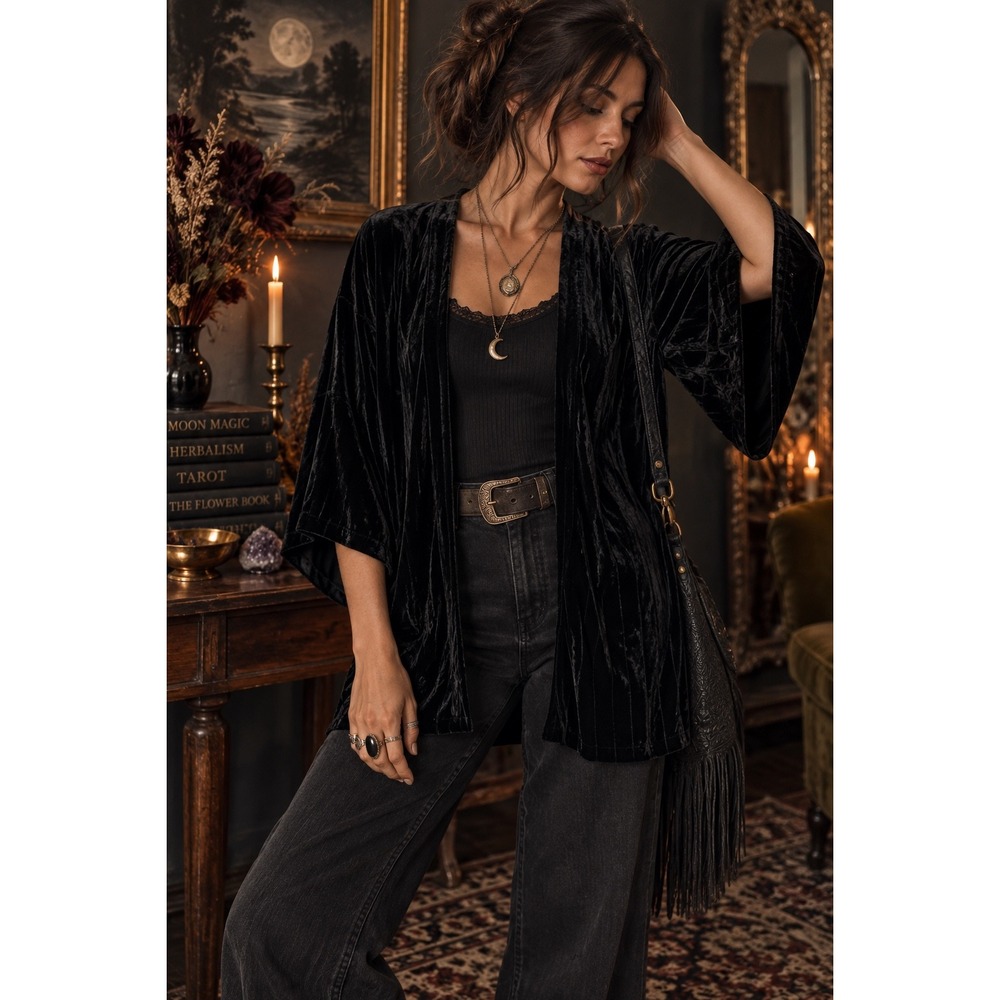Witchy Whimsigoth Black Open Front Kimono Jacket 3/4 Sleeve Velvet Medium